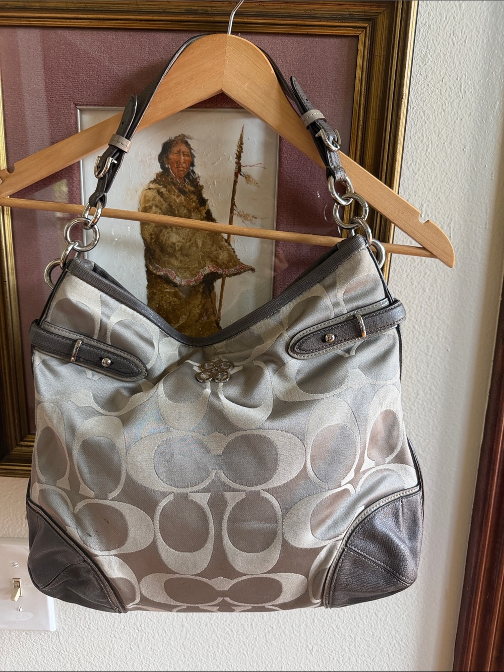 Coach Metallic Signature Shoulder Bag in Silver and Taupe